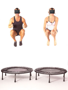 Fitness people bouncing wearing Oculus (they should be wearing a harness or holding onto a bar!)